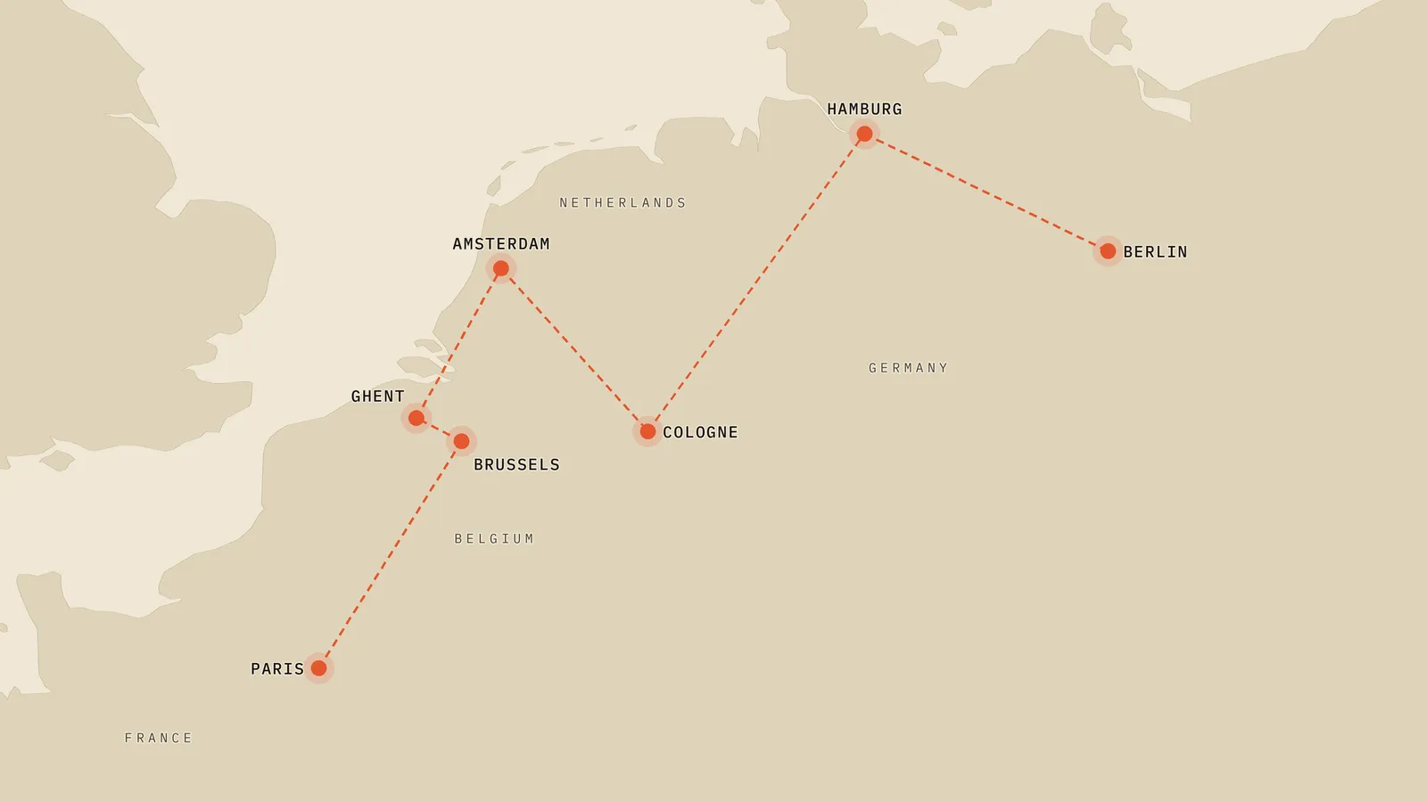 Route map of trip 1: Paris → Brussels → Ghent → Amsterdam → Cologne → Hamburg → Berlin