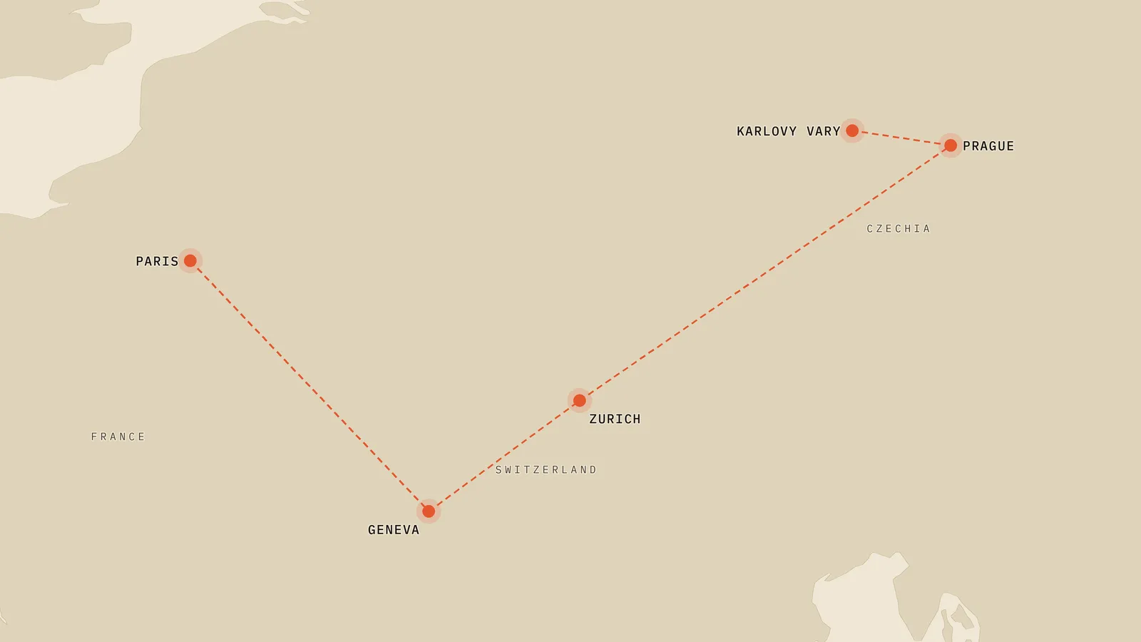 Route map of trip 2: Paris → Geneva → Zurich → Prague → Karlovy Vary
